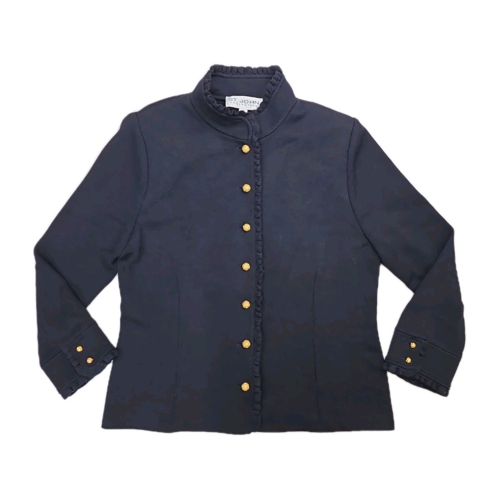 Vtg ST JOHN Collection Knit Gold Knot Button Ruffled Jacket 2007 Sz 12 Navy Blue